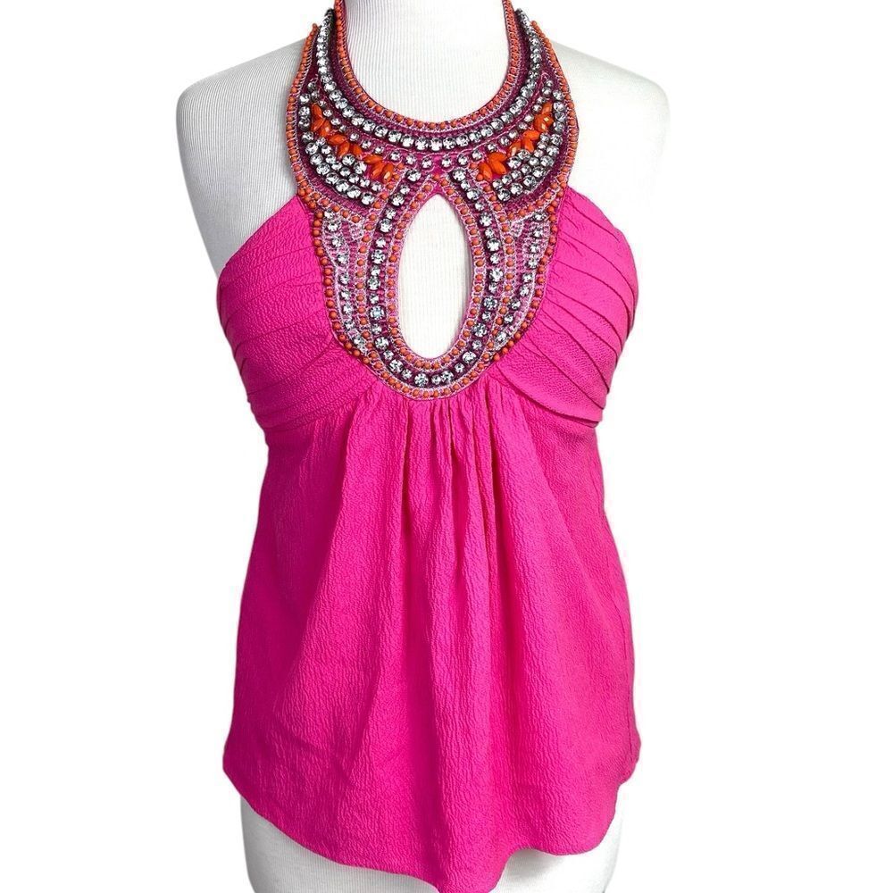 Bebe XS Hot Pink halter top bling rhinestone/ beads silk fabric ties @ neck